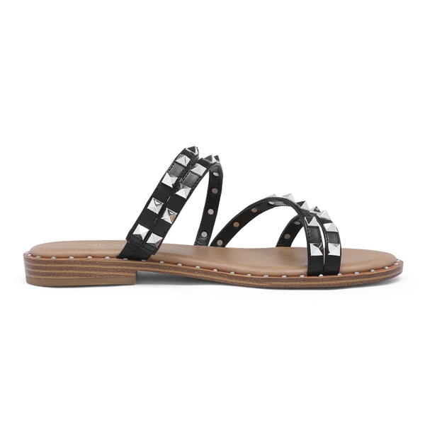 Clear Studded Rhinestone Flat Sandals - BLACK PU RIVET - 2